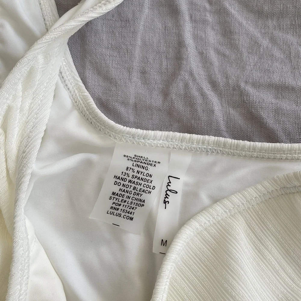 Lulu’s Just Add Water White Ribbed One-Shoulder Side-Tie Swimsuit - Picture 7 of 8